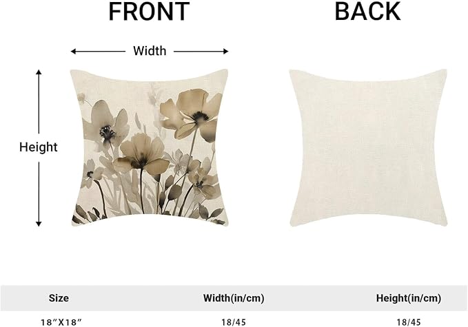 Spring Floral Pillow Covers 18x18 Inches Set of 2,Brown Floral Throw Pillow Covers Outdoor Summer Flower Decoration Pillowcase Farmhouse Decorative Square Linen Cushion Cover for Couch Sofa