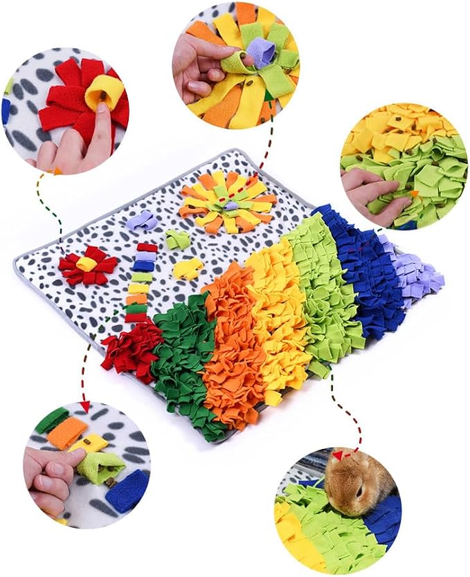 Vedem Small Animal Snuffle Mat Fleece Foraging Mats Interactive Feeding Toy Rabbit Guinea Pig Rat Hamster Anti Slip Treat Dispenser (Leopard-Rainbow)