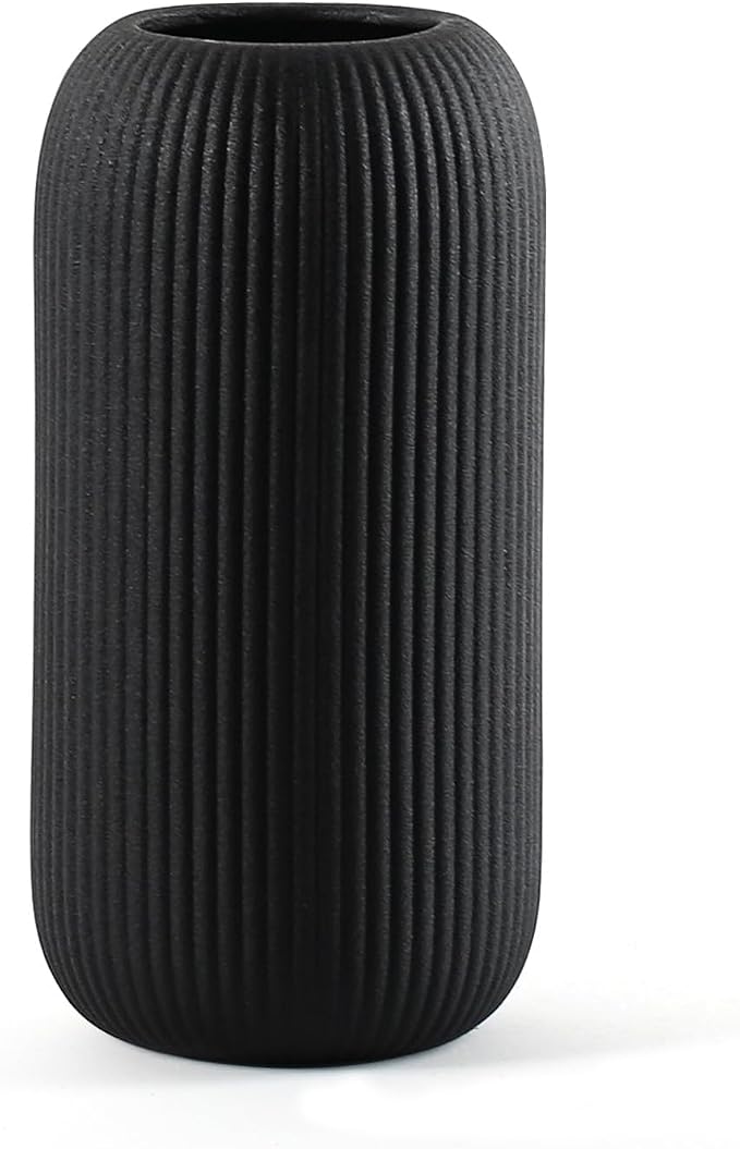 Bohemian Black Ceramic Vase - for Pampas Grass, Mantel, Bookshelf, Entryway and Living Room Decor (Black, 8in-Pill)