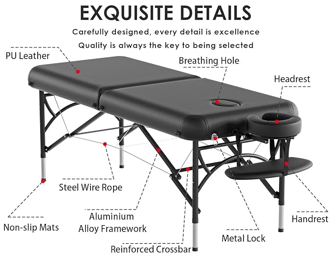 CLORIS 84" Professional Massage Table Portable 2 Folding Lightweight Facial Salon Spa Tattoo Bed Height Adjustable with Carrying Bag & Aluminium Leg Hold Up to 1100LBS Black Widen