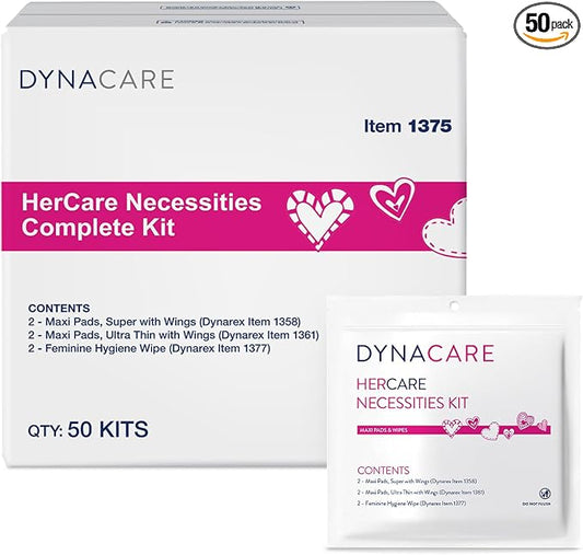 Dynarex HerCare Necessities Menstrual Kits - 50 Count Period Kits with 1 Super Maxi Pad, 1 Ultra-Thin Maxi Pad, 2 Feminine Hygiene Wipes - Travel Essentials for Women & Teens