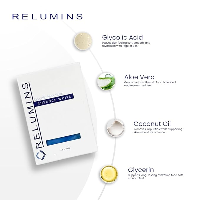 Relumins Glycolic Acid Soap Bar with Aloe and Salicylic Acid – Gentle AHA Mild Peel for Smoother, Soothing Skin | Exfoliating Bar Soap with Professional Spa Formula, 135g x 5 Bars