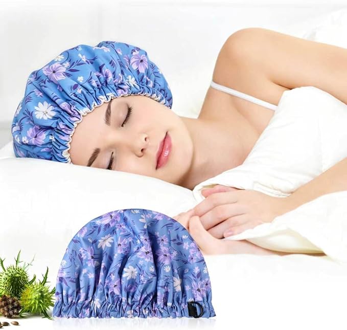 Reusable Castor Oil Hair Cap for Women, Suitable for Treating Dry, Damaged Hair, Overnight Organic Cotton Hair Cap (Oil Not Included), Purple Flowers, M