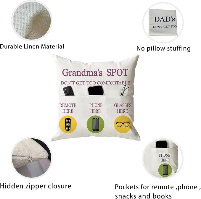 ONFAON Grandma Gifts, Grandma's Spot Throw Pillow Covers 18x18 Inch,Put Phone Glasses and Remote Control Pillowcase,Birthday Christmas Thanksgiving Day Gifts for Grandma Mom,3-Pocket