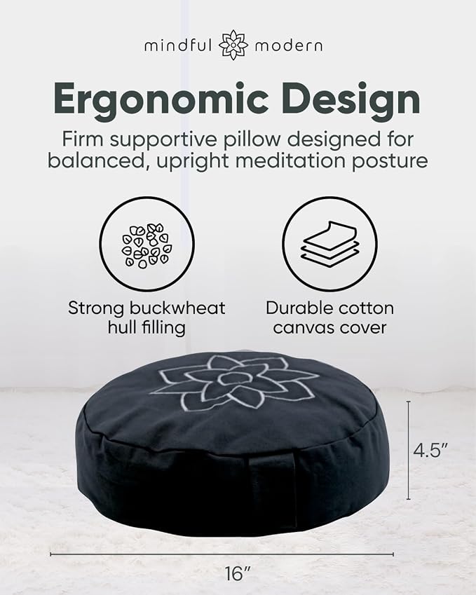 Mindful & Modern Large Meditation Cushion for Zafu Yoga - Meditation Pillow for Sitting on the Floor - Buckwheat Hull Filled Yoga Cushion with Removable, Washable 100% Cotton Cover and Carry Handle