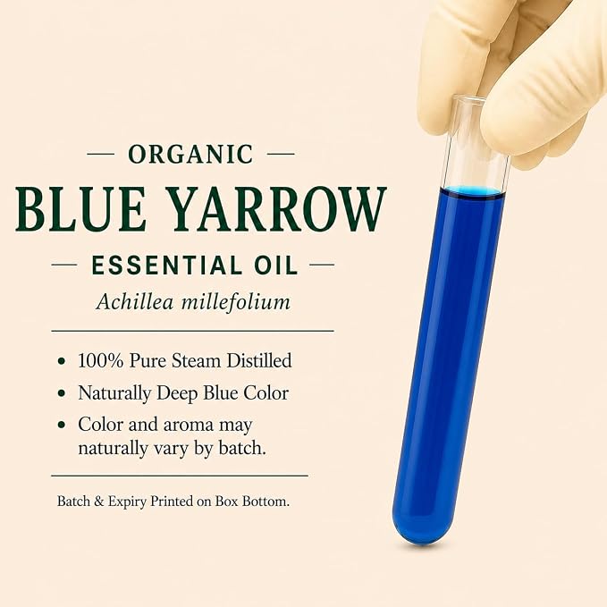 Blue Yarrow Essential Oil, USDA Certified Organic, 100% Pure Undiluted, Aromatherapy Oil for Diffuser, Hair & Skin Care