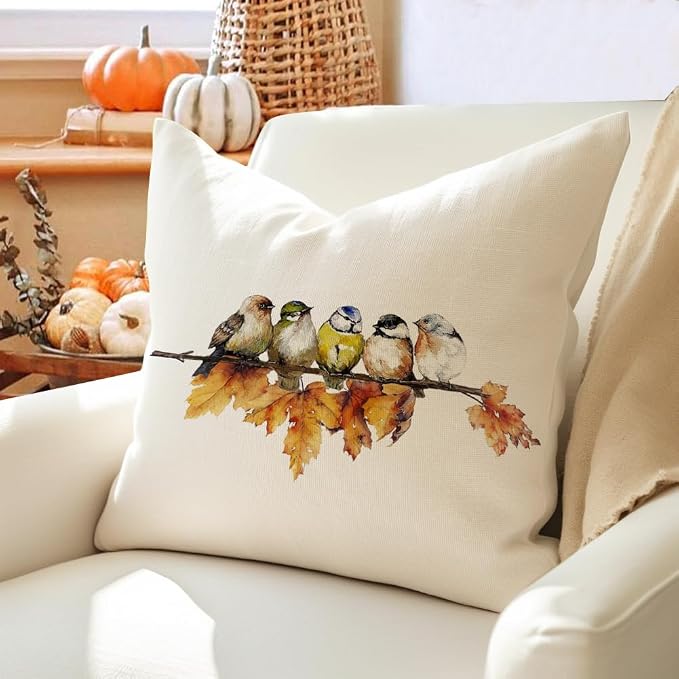 RABUSOFA Fall Pillow Covers 18x18 Inch Watercolor Bird Autumn Decorations for Home Outdoor Thanksgiving Decor Maple Leaf Decorative Throw Pillow Cases Farmhouse for Couch Sofa