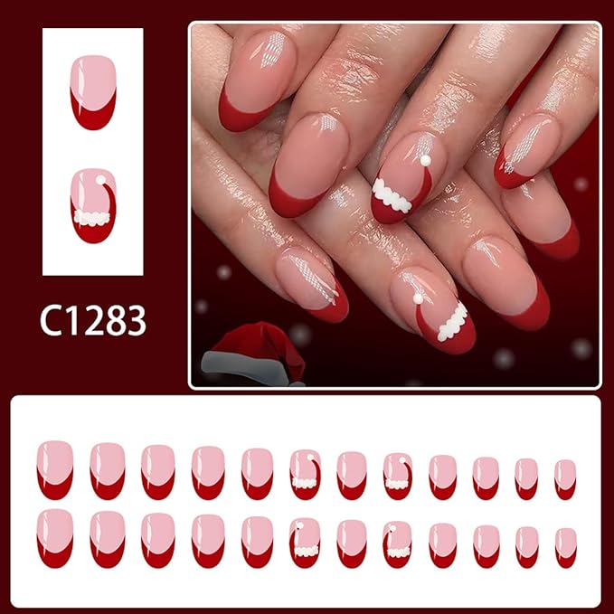 Christmas Press on Nails Red French Tip Fake Nails with Hat Design Short Almond Glue on Nails Glossy Full Cover Artificial Acrylic False Nail Xmas Stick on Nail for Women Manicure 24Pcs