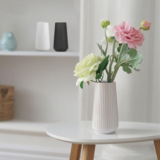 Ceramic Vase, GUKJOB Small Cute Flower Vase for Pampas Grass, Home, Living Room, Dining Table, Farmhouse, Office Decor, Bedroom, Table, and Kitchen Shelf (Yellow Ribbed)