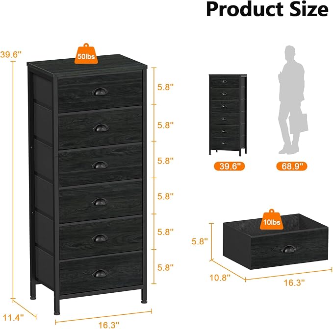 Black Dresser for Bedroom, Tall Fabric Chest of Drawers | Bedroom Dresser with 6 Fabric Bins, Vertical Storage Drawer for Dorm, Organizer in Closet, Living Room, Wood Top, Metal Frame