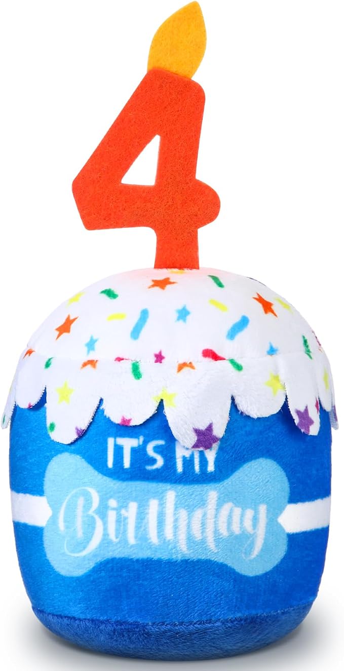 Dansydaisy Dog Birthday Cake Toy Squeaky Plush Gift,4th,Blue