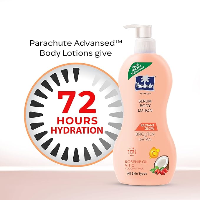 Parachute Advansed Radiant Glow Body Lotion with Coconut Milk, Vitamin-C, Rosehip Oil, Niacinamide, 100% Natural Moisturizers, for All Skin Types, 13.5 fl oz, Pack of 2