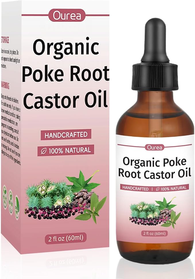 Organic Poke Root Castor Oil – 2 fl oz (60ml) Natural Lymphatic Support Massage Oil, Soothing Relief for Cysts, Boils, Breast, Fibroids, Swollen Lymph Nodes & Joint – Deep Tissue Drops