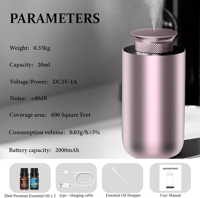 2026 Upgraded Rechargeable Waterless Car Scent Diffuser Kit, Includes 2 Premium Oils, Auto On/Off, 4 Mist Levels & Timers, Portable Aromatherapy Diffuser for Hotel,Home,Room,Studio,Office - Rose Gold