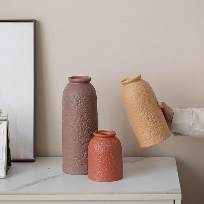 Large Decorative Ceramic Vase Set, 3 Pieces, Matte Taupe Orange Coral Beige, 10.4 Inch Tall, Nordic Modern Boho Style, Orange Peel Glaze Finish, Farmhouse Home Décor