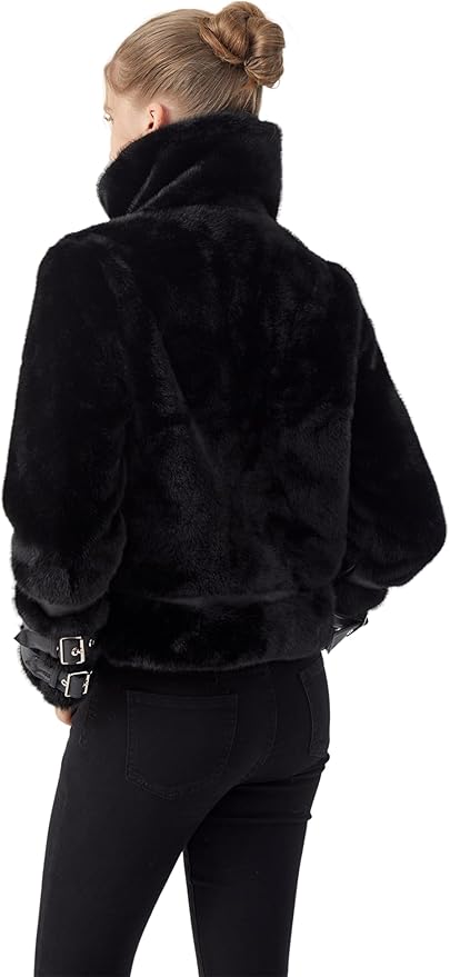 GRAN ORIENTE Womens Belted Winter Faux Fur Coats, Cropped Fuzzy Cuff Furry Zipper Up Warm Jackets Outwear