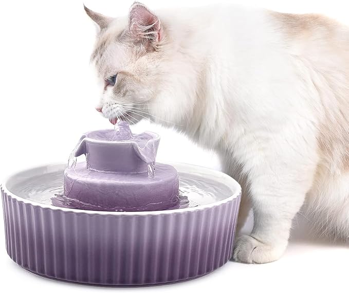 Ceramic Cat Fountain, 2.1L Pet Drinking Fountain for Cat and Dog, Cat Fountain Porcelain, Cat Water Dispenser with Activated Carbon Filter and Sponge Foam Pre-Filter (Purple)