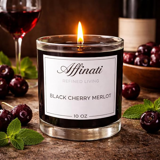 Black Cherry Merlot Affinati 10 oz Scented Candle for Home – Long Lasting Fruity Soy Blend Candle with Wooden Wick, Strong Scent Throw Glass Jar Candles, Premium Clean Burning Aromatherapy Gifts