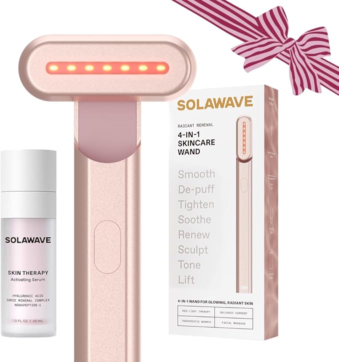 Solawave 4-in-1 Red Light Therapy Wand + Activating Serum | LED Skincare Device for Face & Neck | Facial Tool with Galvanic Current, Massage & Therapeutic Warmth | Reduces Appearance of Fine Lines