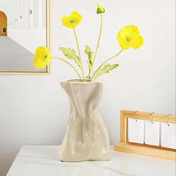 7.6 Inch Glossy Cream Ceramic Vase, Unique Crinkled Paper Bag Vase for Flower, Boho Vases for Home Decor, Wedding Centerpiece Table, Decorative Flower Vases for Entryway, Kitchen, Living Room