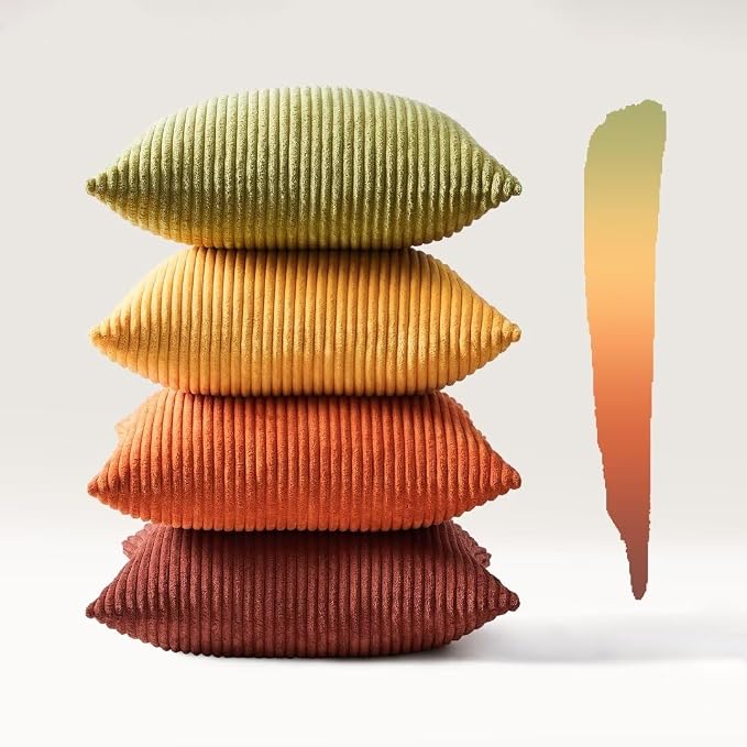 Topfinel Fall 20x20 Set of 4 Couch Decorative Pillow Covers,Modern Burnt Orange Yellow Green Gradient Corduroy Throws Pillow Case,Rustic Western Cushion Covers for Bed Sofa Living Room Home Decor