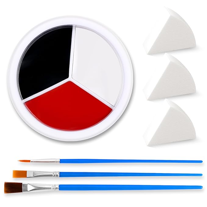 3 Colors Face & Body Paint [Black, White, Red] + 3pc Sponge & Brush, Baseball Eye Black for Sports Face-Painting, Halloween Makeup Kit for Zombie, Clown, Vampire, Skeleton, Joker Costume Makeup