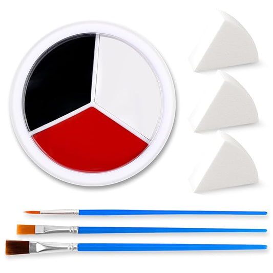 3 Colors Face & Body Paint [Black, White, Red] + 3pc Sponge & Brush, Baseball Eye Black for Sports Face-Painting, Halloween Makeup Kit for Zombie, Clown, Vampire, Skeleton, Joker Costume Makeup