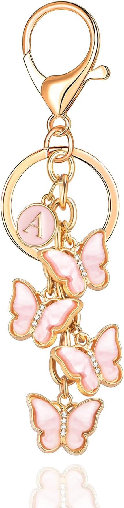 XGALBLA White Pink Black Cute Butterfly Initial Letter Keychain for Women, Butterfly Bag Charms Keyring for Handbags Backpack