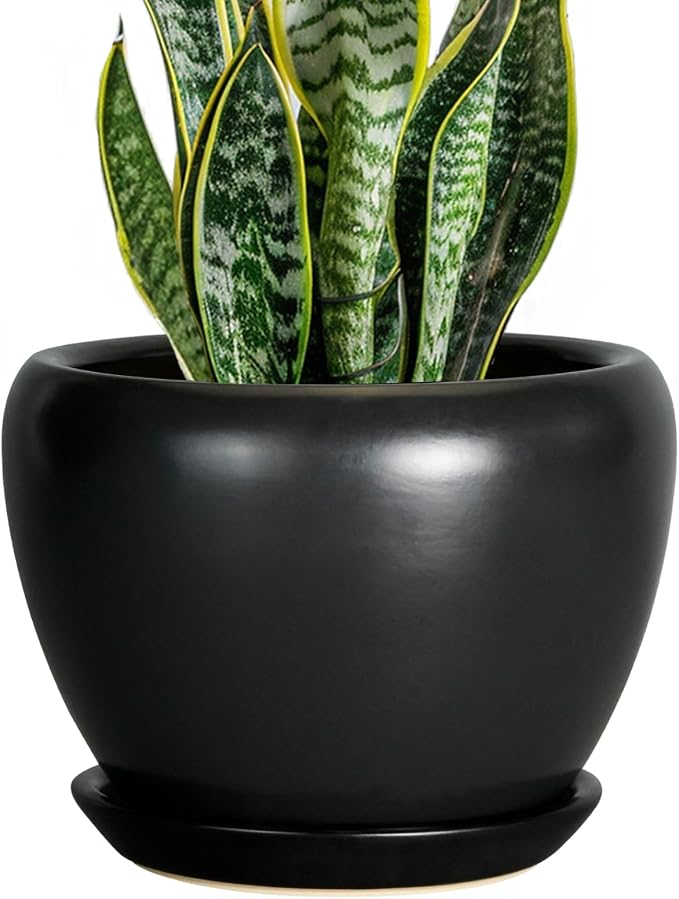 Ceramicfor Ceramic Planter Pot - 8 Inch Plant Pot with Drainage Hole and Saucer Round Planter for Indoor Plants Modern Outdoor Flower Pot for House Balcony Black