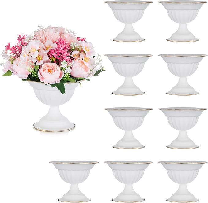 Sziqiqi White Compote Vase Wedding Centerpiece, Flower Arrangement, 10Pcs | 5.1in Metal Pedestal Urn Vases for Decoration, Bowl Planter Pot for Wedding, Party, Event, Birthday, Home