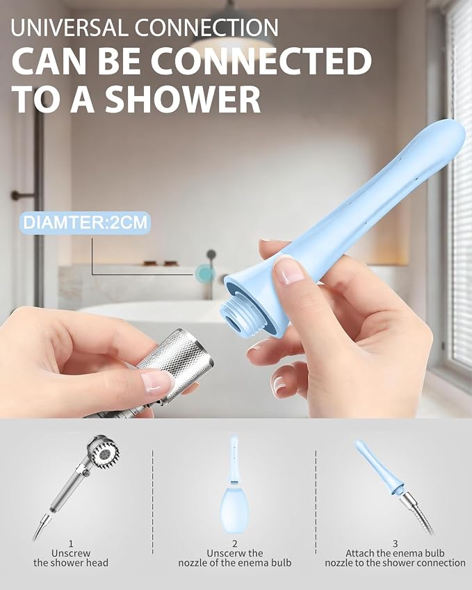 Enema Douche Anti Back-Flow, Anal Douche Connected to Shower Hole,Enema Bulb with 7 Spouts, Reusable Portable Enema Vaginal Cleaner kit for Men Women (Light Blue)