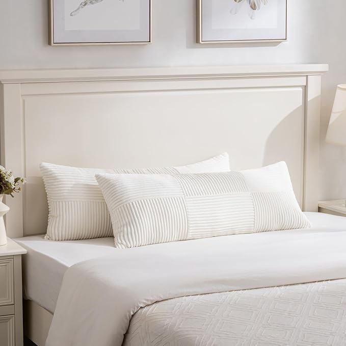 Fancy Homi Set of 1 Cream White Boho Long Lumbar Body Decorative Throw Pillow Cover 21x54 Inch for Bed Couch Bedroom Bench, Soft Patchwork Corduroy Textured Pillow Case, Rustic Farmhouse Room Decor