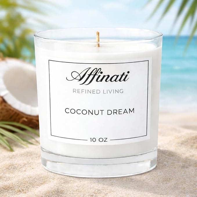 Coconut Dream Affinati 10 oz Scented Candle for Home – Long Lasting Fruity Soy Blend Candle with Wooden Wick, Strong Scent Throw Glass Jar Candles, Premium Clean Burning Aromatherapy Gifts