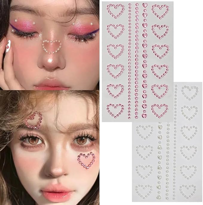 Self Adhesive Face Gems Pearls for Makeup,3D Heart Star Moon Shape Jewels Face Rhinestone Sticker for Face, Eye, Makeup, Nail, Body, Craft