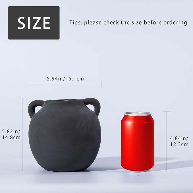 Black Vase Home Decor - 6in Ceramic Vase for Flowers - Small Round Vases for Decor - Farmhouse Vases for Pampas Grass, Decorative Vase for Bouquet, Lyeec Clay Pottery Rustic Terracotta Vase