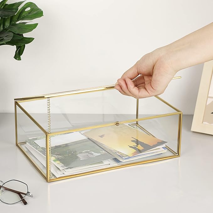Hipiwe Vintage Glass Keepsake Box - Rectangle Jewelry Display Case, X-Large | Gold Vanity Organizer Lidded Boxes Home Decor Accent for Storage Trinket Rings Bracelet Rock