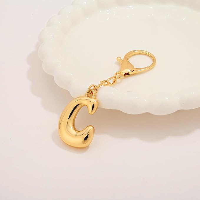 WOWORAMA Initial Letter Keychain for Women Chunky Gold Bubble Letter Bag Charm Purse Charm Personalized Keyrings Accessories