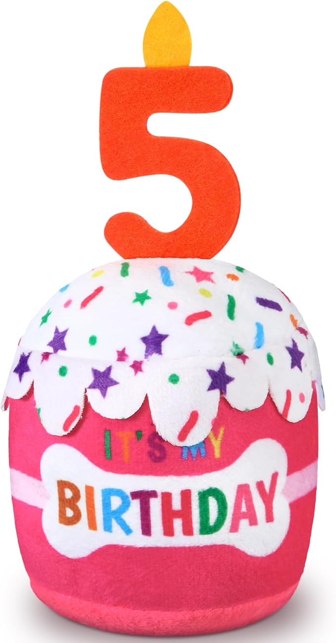 Dansydaisy Dog Birthday Cake Toy Squeaky Plush Gift,5th,Pink
