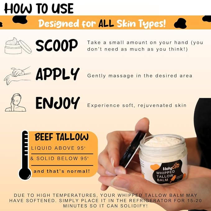 HolyCow Beef Tallow For Skin - Whipped Tallow Balm with Organic Jojoba Oil (Orange Vanilla), Grass Fed Beef Tallow Face Moisturizer for Eczema, Baby, Lip Balm - Lotion For Extremely Dry Skin