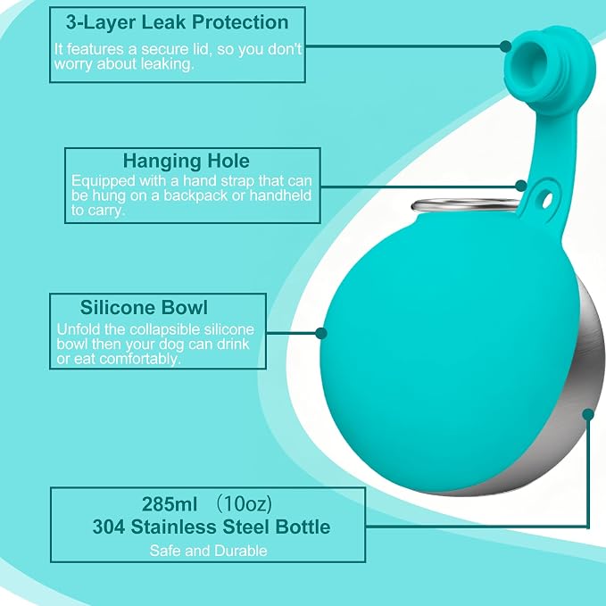 Dog Water Bottle Portable, 2in1 Round Dog Water Bowl Stainless Steel 10oz