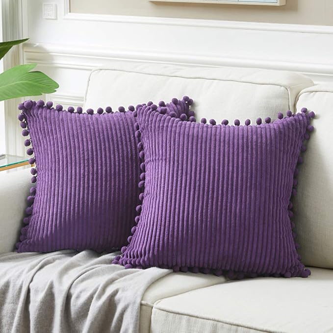 Fancy Homi Pack of 2 Purple Boho Decorative Throw Pillow Covers with Pom-poms, Soft Corduroy Solid Square Cushion Cases Set for Living Room Couch Sofa Bedroom Car (18x18 Inch/45x45 cm, Purple)