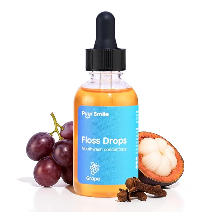 Puur Smile Concentrated Floss Drop Serum – 2oz Concentrated Mouth Wash to Use in Water Flosser | Natural Essentials Promotes Good Breath | Organic Drop Provides Good Oral Health (Grape Flavor)