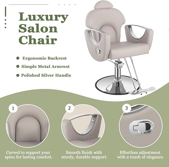 Reclining Salon Hair Chair, Barber Styling Chair for Hair Stylist, 360° Swivel Height Adjustable Hair Braiding Hairdresser Chairs, Beauty Spa Equipment for Barbershop, Gray Silver