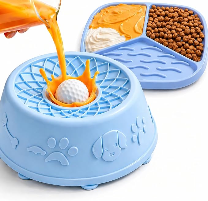 Slow Feeder Dog Bowls with Rolling Ball & Lick Mat for Dogs, Interactive Dog Enrichment Toy, Anti-Slip Puzzle Feeder for Yogurt, Bone Broth & Wet Food, Slow Eating Bowl for Small, Medium & Large Dogs