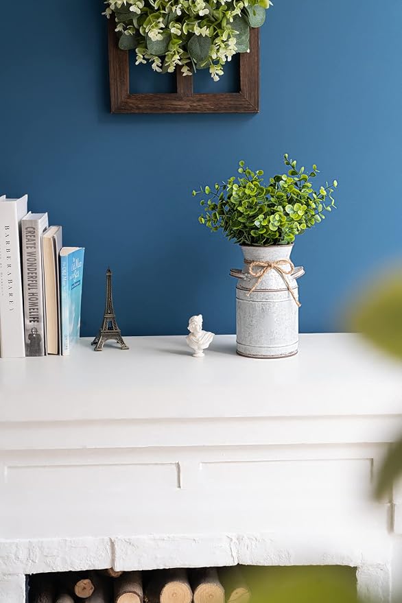 Dahey Metal Flower Vase with Artificial Eucalyptus Farmhouse Decor Rustic Shabby Chic Milk Can Galvanized Jug Planter Fake Plants in Decorative Tin Vase for Table Centerpieces Bedroom Kitchen Decor