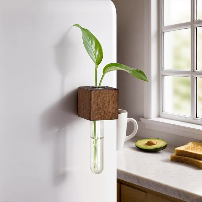 Magnetic Test Tube Flower Vases for Refrigerator, Set of 2 | 2-Pack wooden magnetic vases in a dark wood finish for fresh cuttings and plant propagation. Plant not included.
