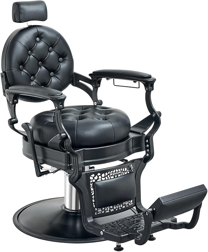 Kaleurrier Hair Salon Chair for Stylist: Professional Height Adjustable Black Barber Chairs for Barbershop for Home - Vintage Heavy Duty 700lbs Hydraulic Recliner