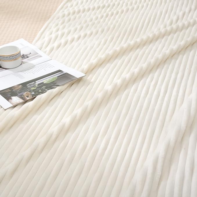Vessia Flannel Fleece Striped Bed Blanket Twin Size(60x80inch), 300GSM Microfiber Cream Comfy Decor, Soft Warm Cozy Lightweight Ivory Ribbed Blanket for All-Season