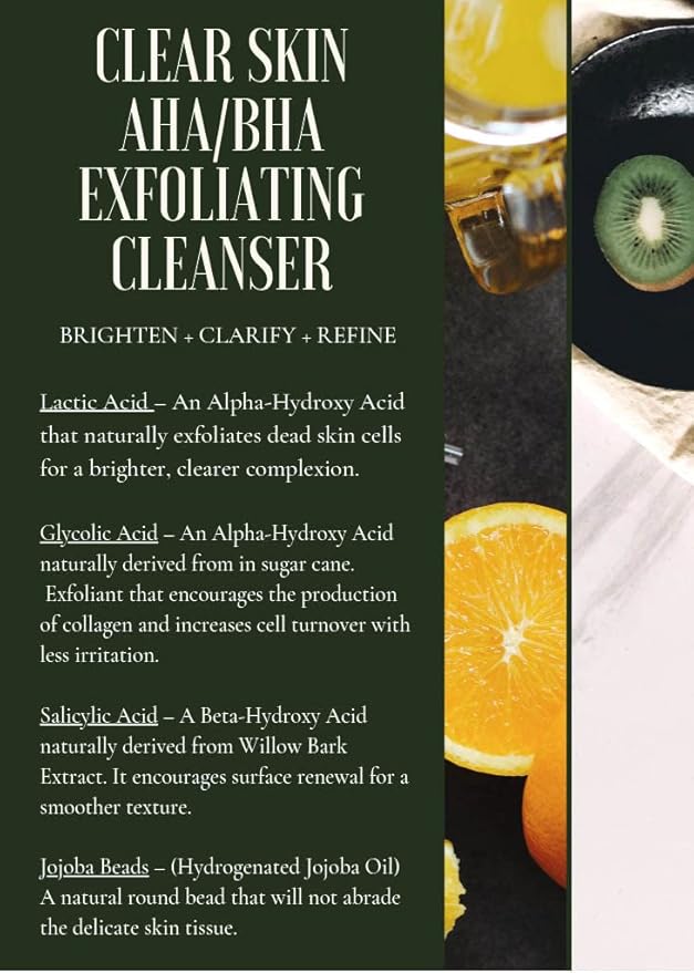 Clear Skin AHA BHA Exfoliating Cleanser Glycolic & Salicylic Acid Cleanser, Jojoba Beads - 8oz Pump