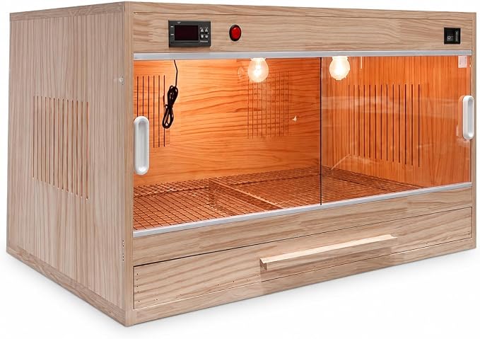 Wooden Box for Chicks and Small Animals – Pet Breeding Box with Tray and Sliding Glass Door, Smart Thermostatic, 50x30x30 CM